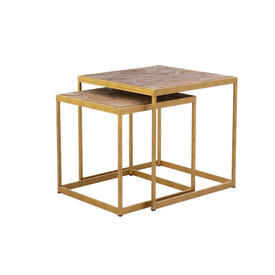 Large Square Elm Wood & Brushed Gold Lamp Table